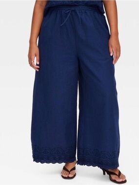 Roller Rabbit Navy Wide-Leg Drawstring Pants with Scalloped Hem